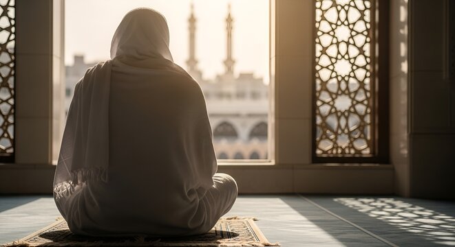 Muslim pilgrim in ihram praying facing Kaaba in Mecca, Saudi Arabia, spiritual journey