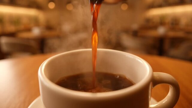 Coffee being poured into white cup.