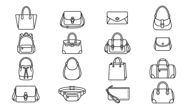 Minimalist handbag outline vector icon set with fashion purse and retail bag styles