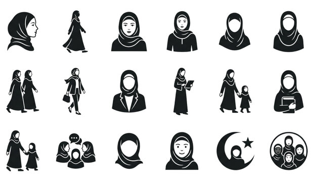 Muslim woman black and white solid vector icon collection with hijab character symbols