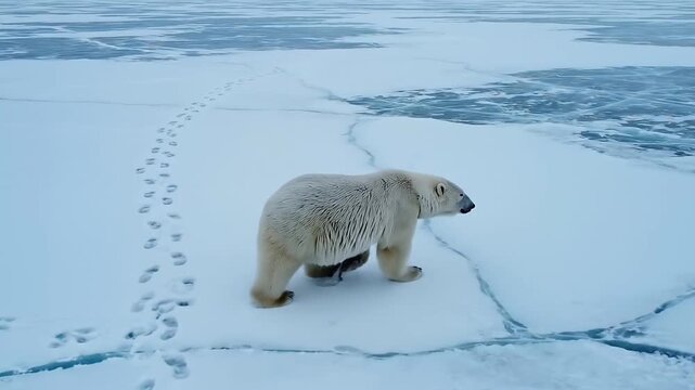 4K aerial drone orbiting above lone polar bear walking across vast flat white sea ice with paw print trail in soft overcast arctic light. No people or structures. Arctic wildlife, climate change.