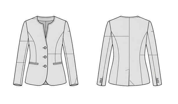 Ladies collarless blazer technical flat vector mockup template for fashion design