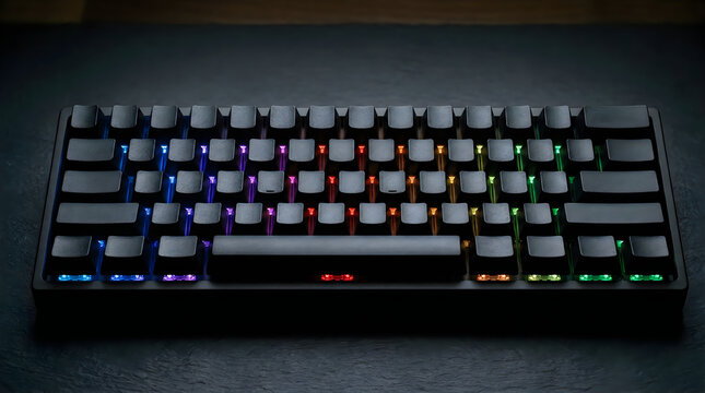 Modern mechanical keyboard with colorful rgb backlight glowing in dark room environment area.