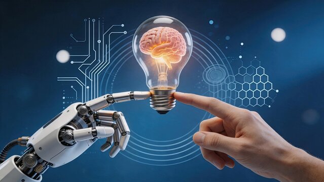 Artificial intelligence brain inside light bulb touched by robot and human fingers, symbolizing innovation collaboration between machine learning technology and human creativity