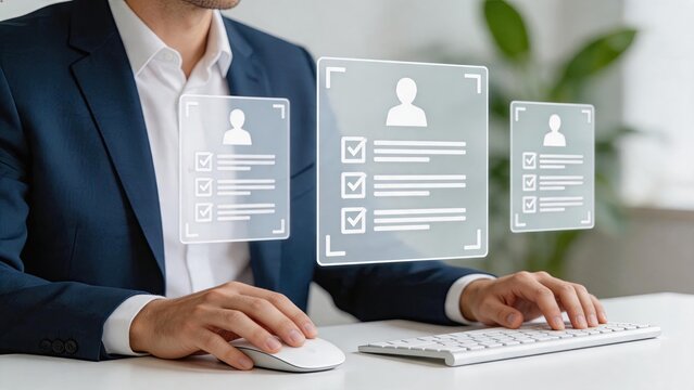 Man using computer mouse and keyboard with holographic user profile interfaces floating above desk, identity verification concept, digital registration process, biometric