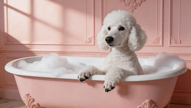 Cute white poodle dog sitting in pink vintage bathtub with foam bubbles, enjoying spa bath time, pet grooming, hygiene care and luxury lifestyle concept in elegant interior room