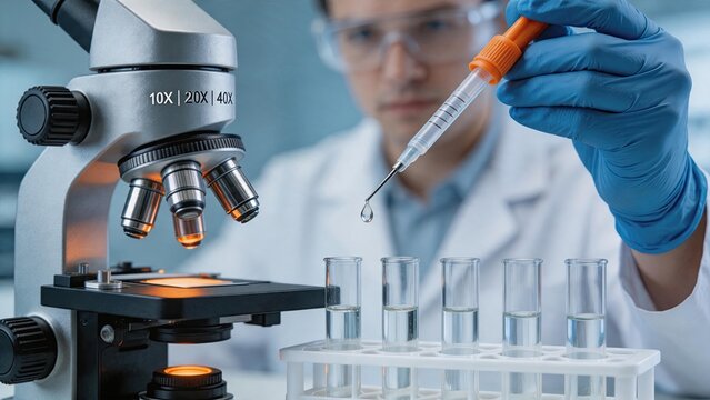 Scientist using microscope and pipette to drop liquid into test tubes in laboratory, depicting medical research analysis, biological experiment procedure and chemical testing