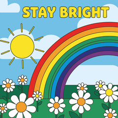 Obraz premium Vibrant rainbow stretches across sunny sky with white clouds flowers green grass