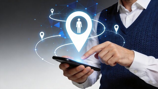Man using smartphone with holographic location pin icon, digital map interface showing GPS tracking and navigation technology for mobile app concept