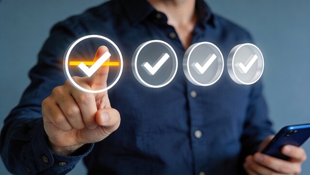 Businessman touching virtual checklist icons on screen, completing tasks and verification process with glowing checkmarks for project management success