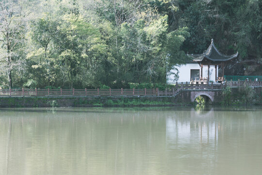 The pavilion is in the forest by the river.