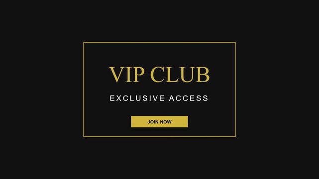 3D render of VIP club exclusive access banner with elegant golden frame on dark background creating luxury membership animation designed for premium branding visuals and video overlays