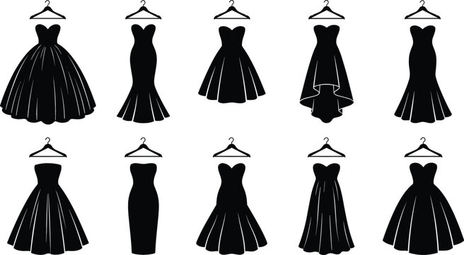 Collection of elegant evening dress silhouette vector illustrations featuring fashionable gowns, cocktail dresses and luxury women apparel designs