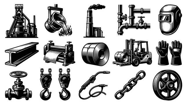 Industrial and Metallurgy Manufacturing Icons Set: Vintage Engraved Black  White Line Art Collection