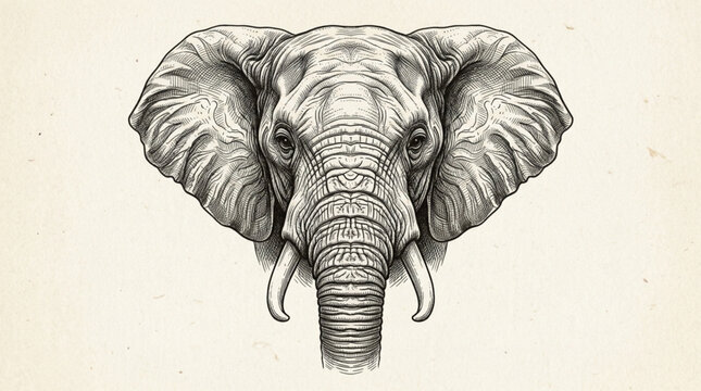 Detailed Sketch of an African Elephant Head Facing Forward.