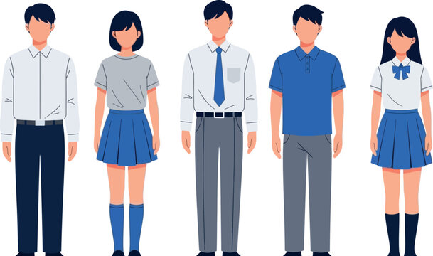 Flat vector characters of students in school uniforms, diverse group of young people in formal academic attire, high school and college students set