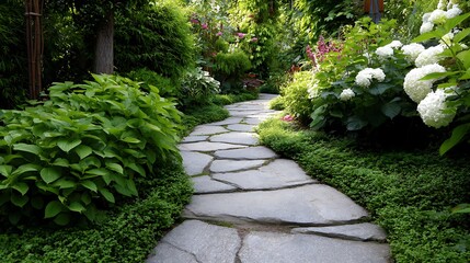 Obraz premium Beautiful stone pathway winding through a lush green summer garden with white flowers.