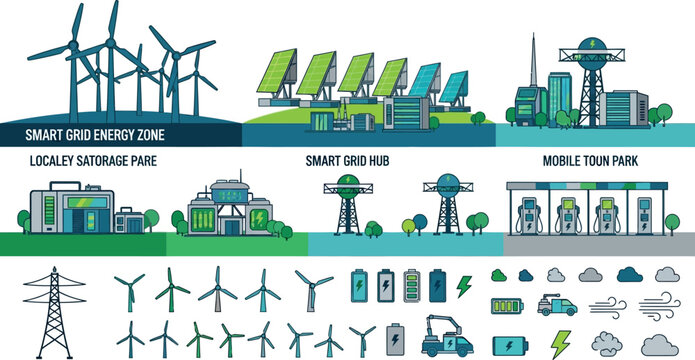 Smart grid energy zone vector set, renewable power infrastructure with wind turbines and solar panels, sustainable green city utility icons