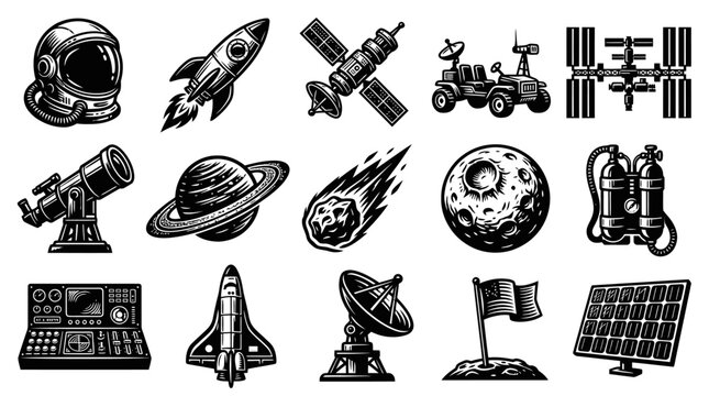 Vintage Space Exploration Black and White Line Art Icons Set: Rocket, Astronaut, Planets, Moon, Satellite, ISS, Science