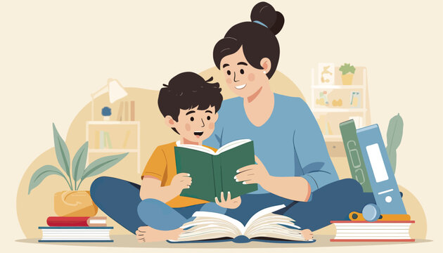 A mother reading a book with her son, parent helping child with schoolwork at home.