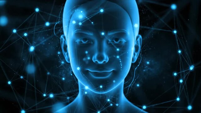 Blue Holographic Human Face Scanning with Glowing Digital Points and Lines Motion Graphics Animation for Technology Background