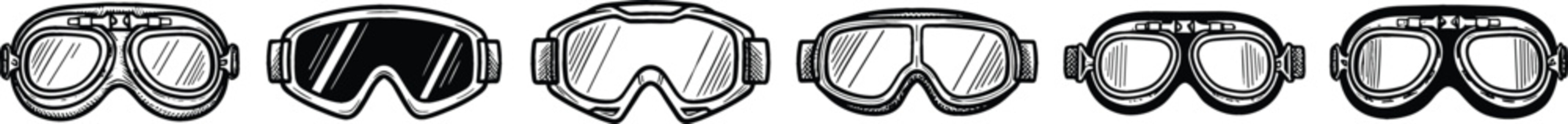 Collection of motorcycle goggles and protective eyewear vector illustrations featuring racing glasses, biker safety gear and motocross accessories