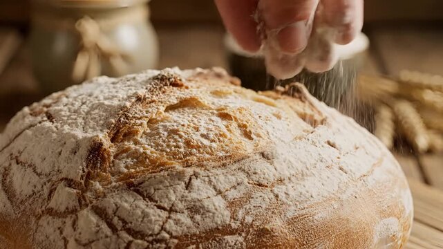 Artisan Sourdough Bread Baking Process Close Up Flour Dusting.