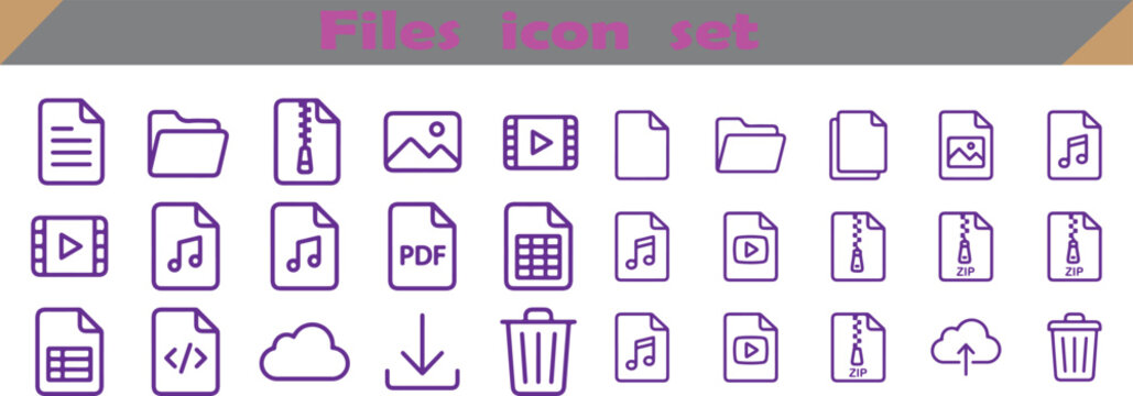 Document and file type icons collection with recycle bin document download spreadsheet database application interface illustration collection minimalist organization management information