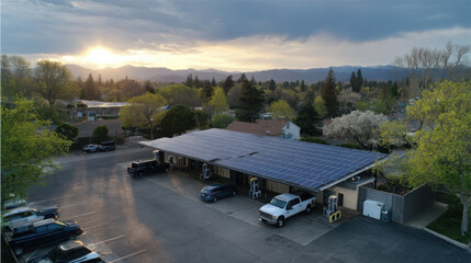 Naklejka premium Aerial view of a gas station with solar panels on the roof at sunset