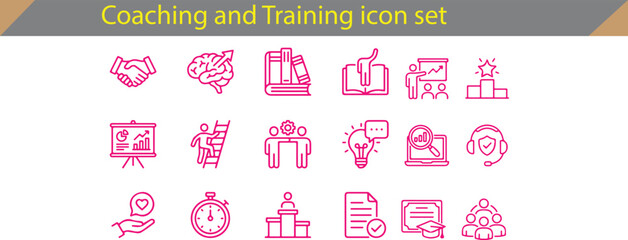 Obraz premium Coaching and training icon set with business development symbols coaching training business handshake presentation checklist strategy mentorship education development planning learning