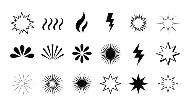 Retro Y2K sparkles and lightning bolt icon vector set, nostalgic 2000s aesthetic symbols for fashion, stickers, web, and graphic design