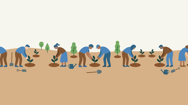 People plant trees on World Environment Day for eco sustainability in a natural landscape