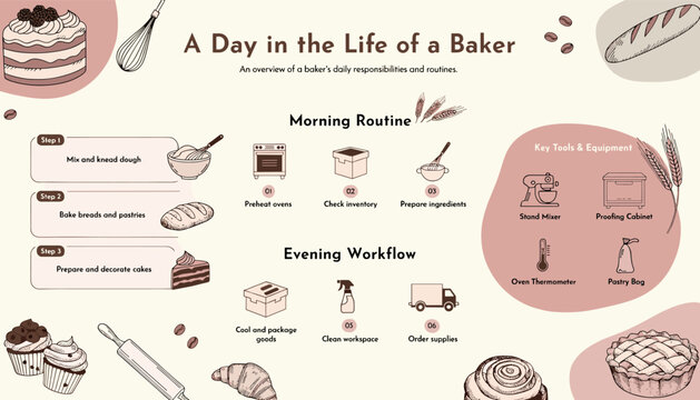 An infographic illustrating a baker's daily routine, including morning tasks like preparing dough and baking, evening workflows for cleaning and ordering, and essential baking tools and equipment.