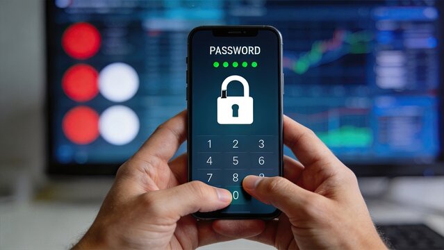 Smartphone password screen security login concept, mobile authentication and data protection, cyber safety access control, user entering pin code on device, digital privacy and