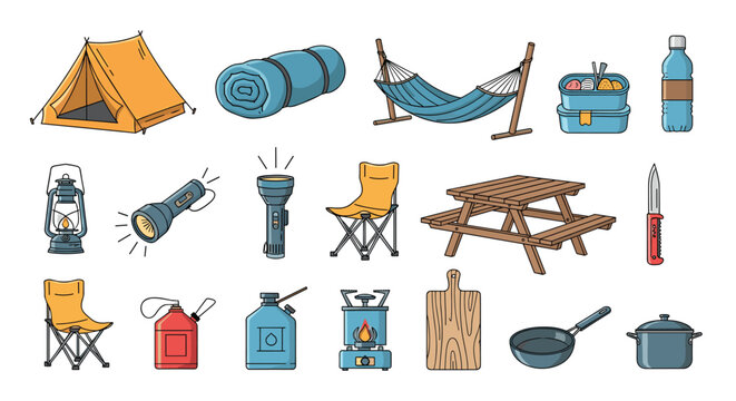 Large collection of camping and outdoor survival gear icons including a tent hammock tools and cooking equipment.