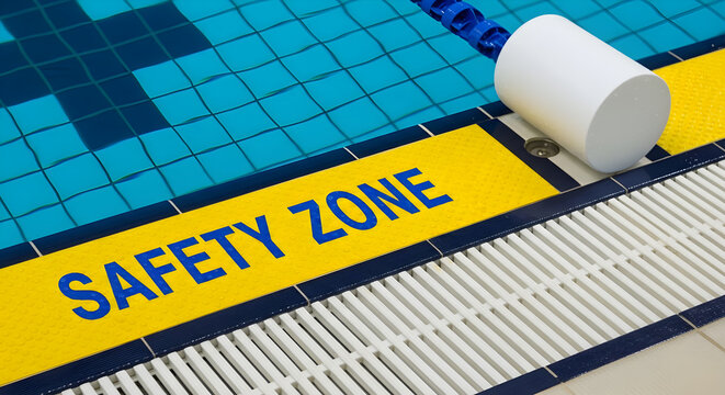 A close-up view of a safety zone marked on a swimming pool deck with a white pipe.