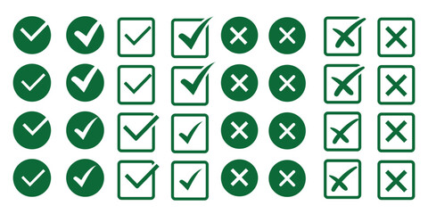 Check tick mark icon set. Cross box x check mark checkbox v list vector draw hand drawn sketch doodle brush marker checklist symbol wrong right circle. Vector Illustration. Red, Green, Black color EPS © HIKE  Studio  1