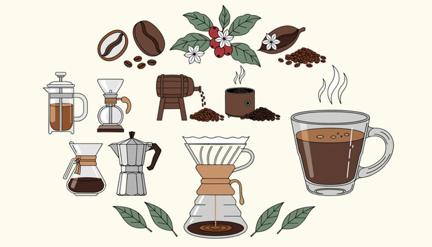 A vibrant illustration showcasing various coffee brewing methods, beans, and a steaming cup, celebrating the art of coffee making.