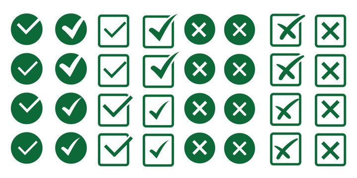 Check tick mark icon set. Cross box x check mark checkbox v list vector draw hand drawn sketch doodle brush marker checklist symbol wrong right circle. Vector Illustration. Red, Green, Black color EPS