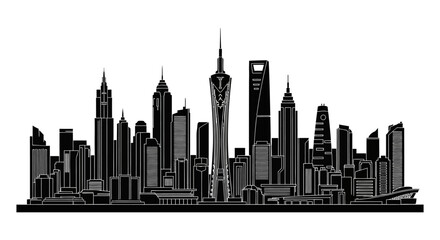 Fototapeta premium Guangzhou City Skyline Silhouette, Modern Urban Architecture Vector