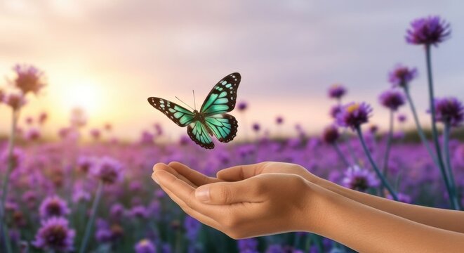 A person's hands releasing a Common Tiger butterfly in a field of purple flowers at sunset