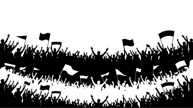 Crowd cheering, waving flags, black silhouette vector, protest signs, demonstration graphics