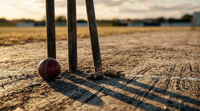 A traditional leather cricket ball, which features a raised, stitched seam running around its center.