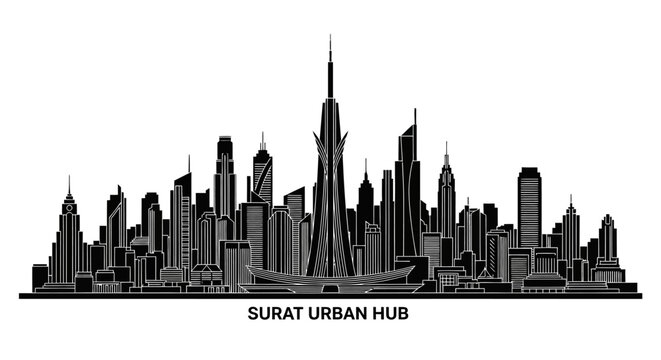 Surat Urban Hub Skyline Silhouette, Modern Cityscape Vector Illustration