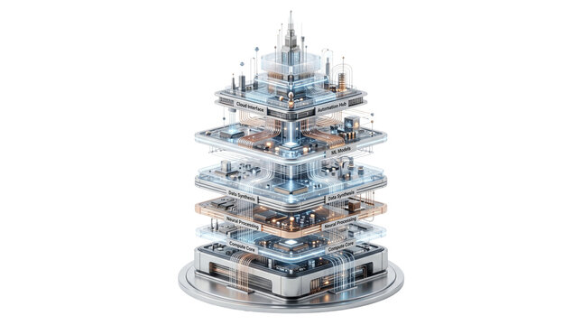 Futuristic quantum computer processor, complex microchip architecture with glass and copper layers, advanced technology hardware for data science isolated PNG with Transparent Background