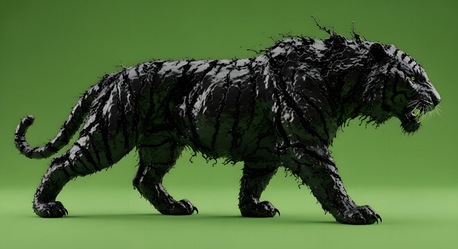 A black tiger formed from ink standing on a green screen background