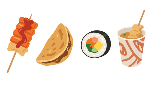 A vibrant illustration of popular Korean street food items including tteokbokki, hotteok, kimbap, and odeng, showcasing a variety of delicious snacks.