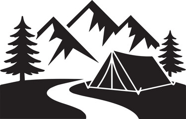 Fototapeta premium Silhouette of camping tent near mountains and pine trees with winding path.