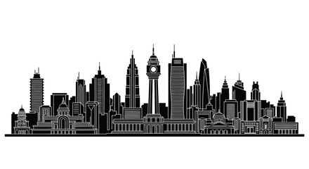 Obraz premium Black and white city skyline silhouette featuring modern skyscrapers