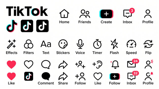 TikTok Logo and Interface Icons Set Vector Illustration Collection including Home, Friends, Create, Inbox, Profile, Effects, Filters, Text, Stickers, Voice, Timer, Flash, Speed, Flip, Like